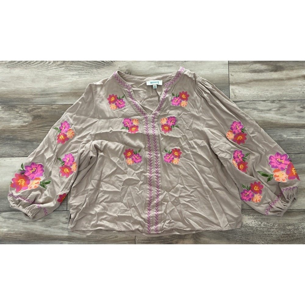 Rockin C Embroidered Floral Boho Blouse Beige Pink Bell Sleeve Womens Size M